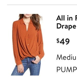 All in Favor drape front blouse in pumpkin spice.